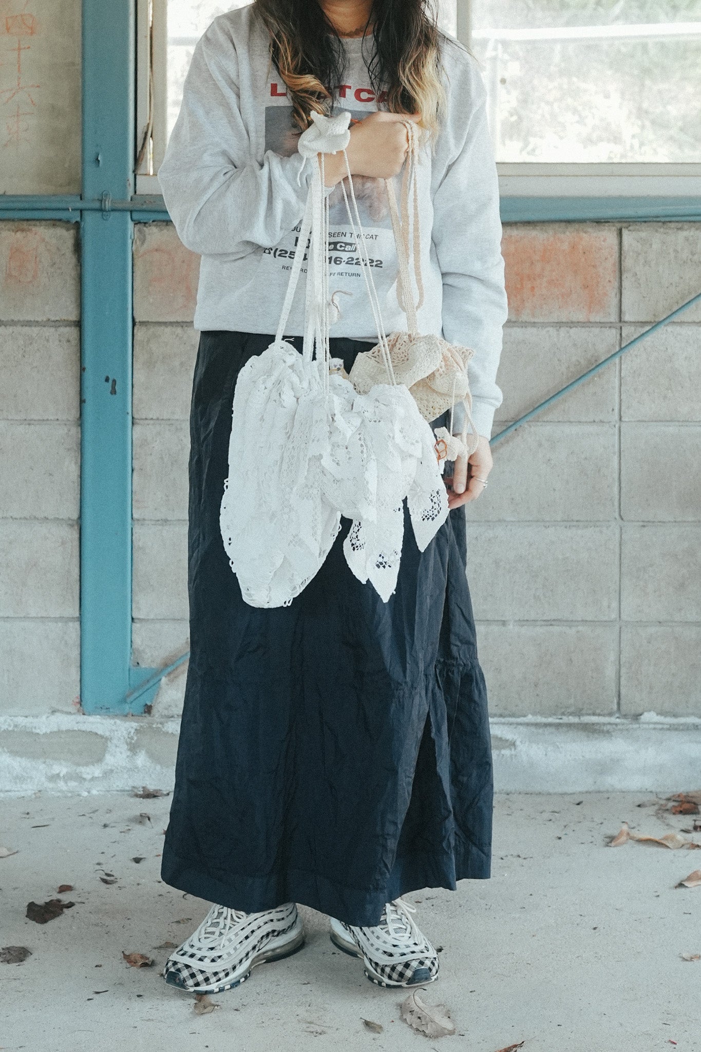 【KÄSI】NO.2 コットンレース編みテーブルクロスリメイクBag