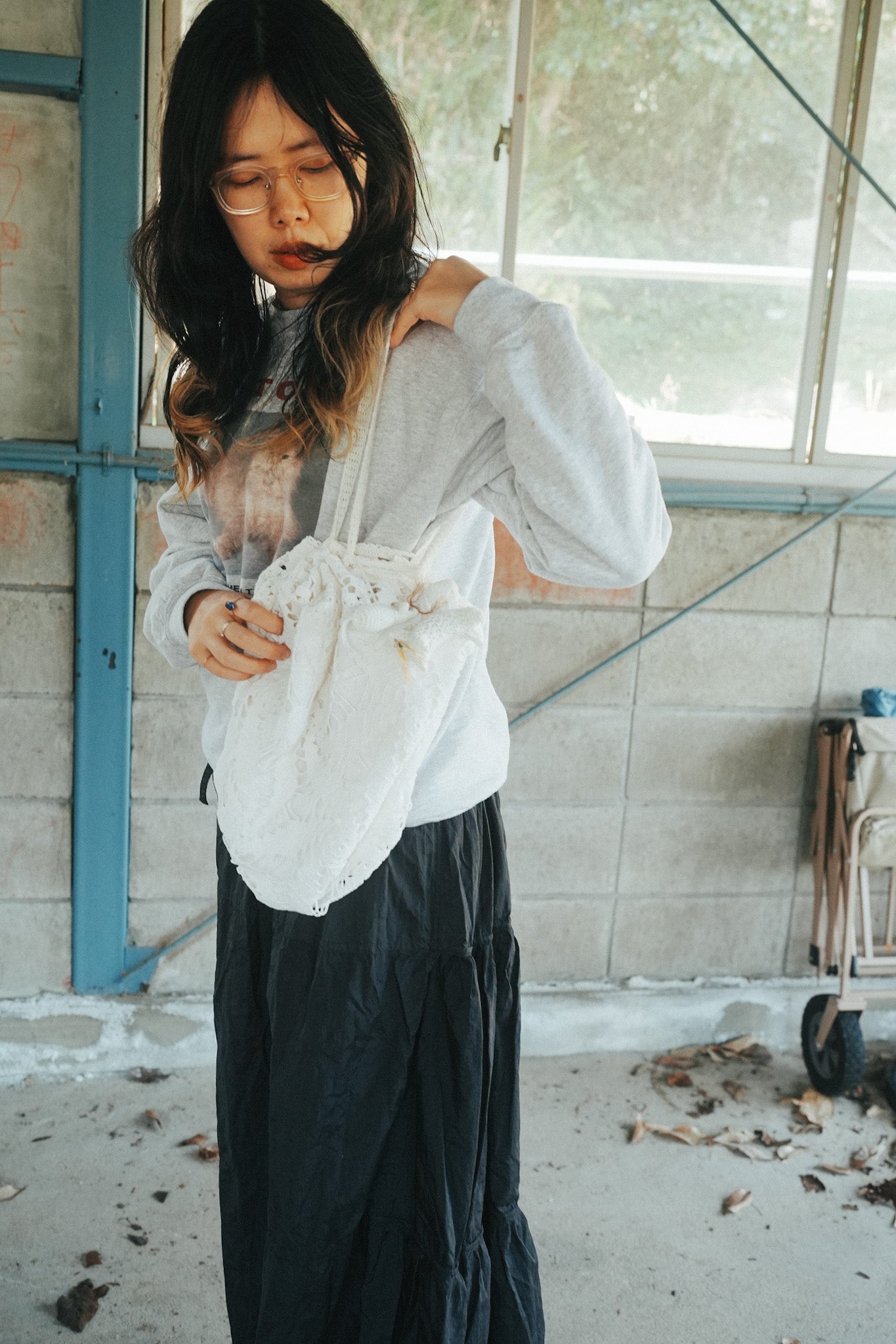 【KÄSI】NO.1 かぎ編みテーブルクロスリメイクBag LL