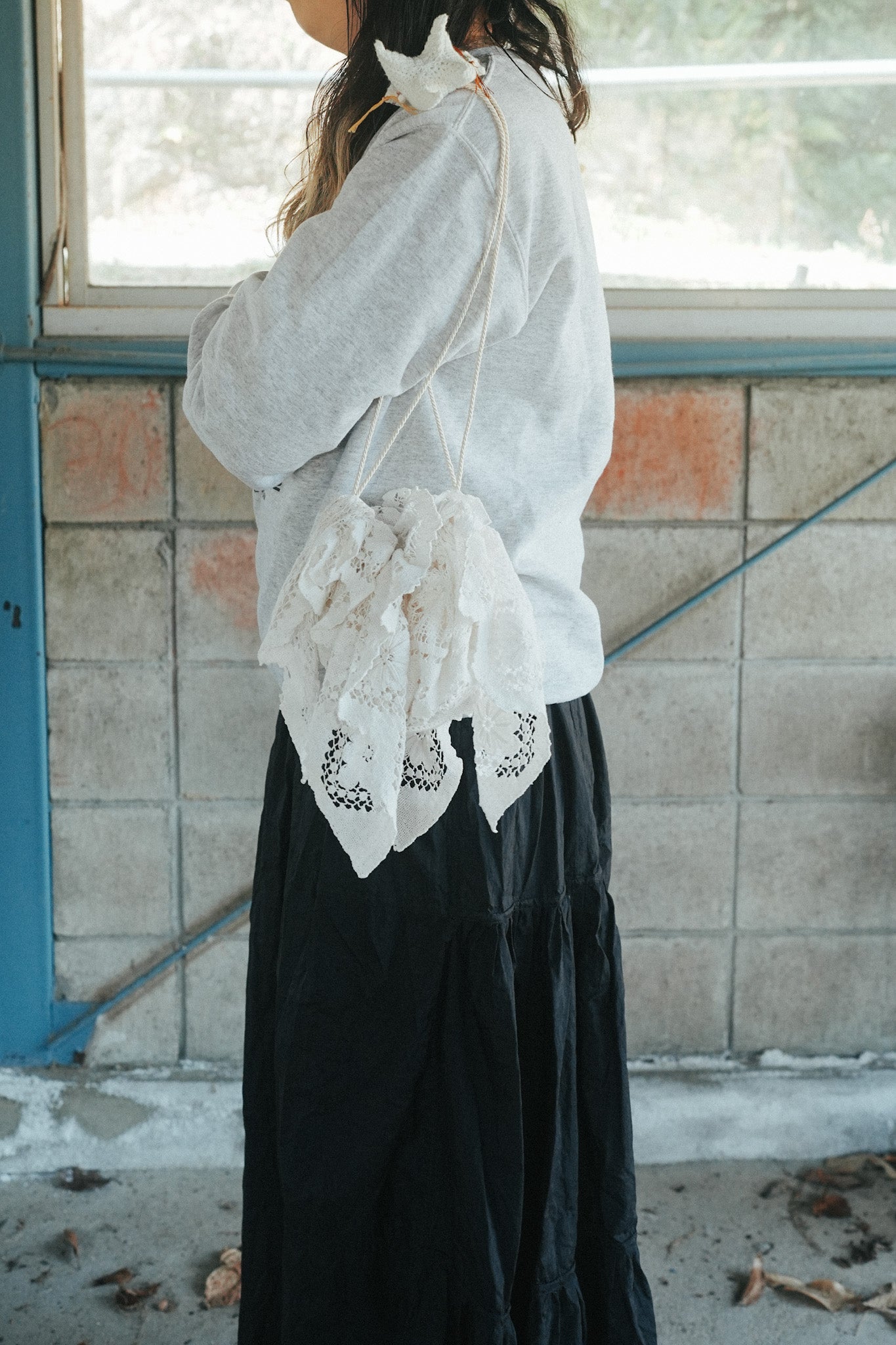 【KÄSI】NO.2 コットンレース編みテーブルクロスリメイクBag